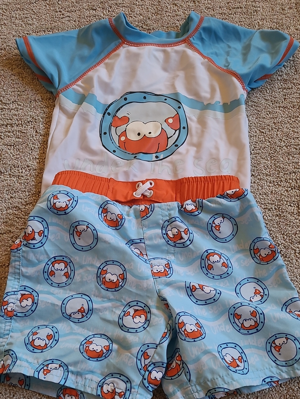 Light Blue & Orange Crab Swim Trunks for Kids with Elastic Waist & Matching Top